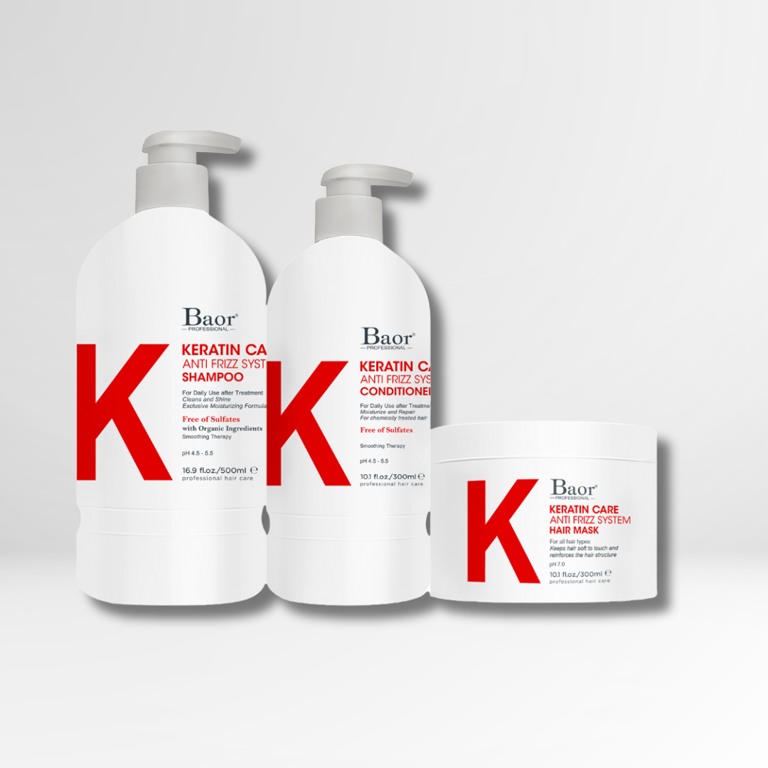 TRÍO LISO DE IMPACTO BAOR K-KERATIN CARE (Shampoo + Acondicionador + Mascarilla)