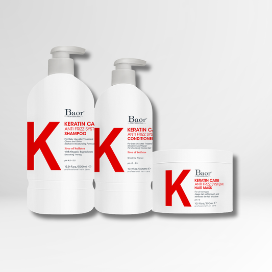 TRÍO LISO DE IMPACTO BAOR K-KERATIN CARE (Shampoo + Acondicionador + Mascarilla)