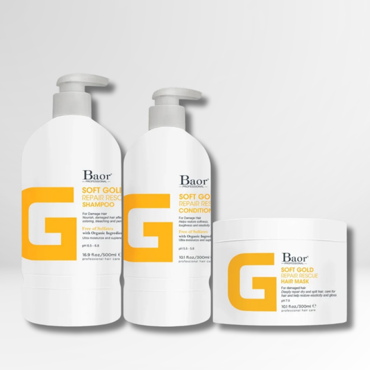 TRÍO REPARACIÓN COMPLETA BAOR G-SOF GOLD (Shampoo + Acondicionador + Mascarilla)