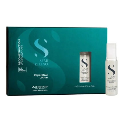Loción reparadora sin enjuague Alfaparf Semi di Lino con protección térmica para cabello dañado.