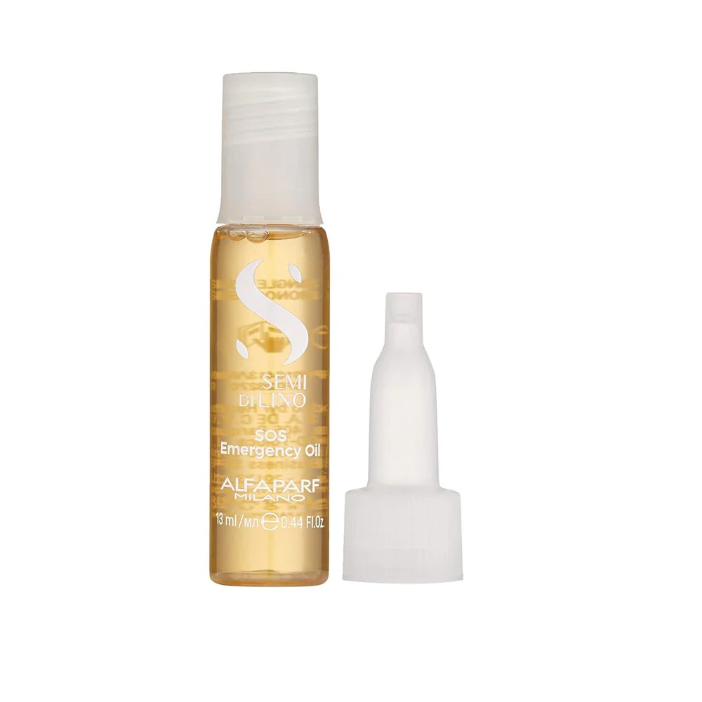 Ampolla SOS Emergency Oil de Alfaparf Semi di Lino para el rescate de cabello chicloso o muy dañado.