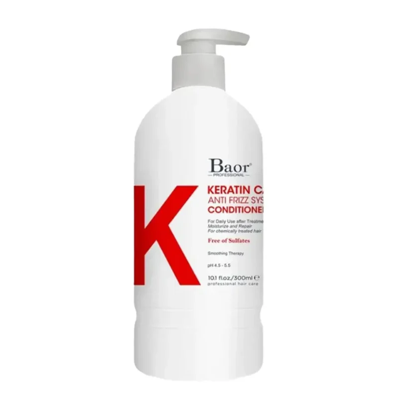 Acondicionador Baor Keratin Care sin sal para desenredar, sellar cutículas, prolongar alisados y eliminar el frizz.